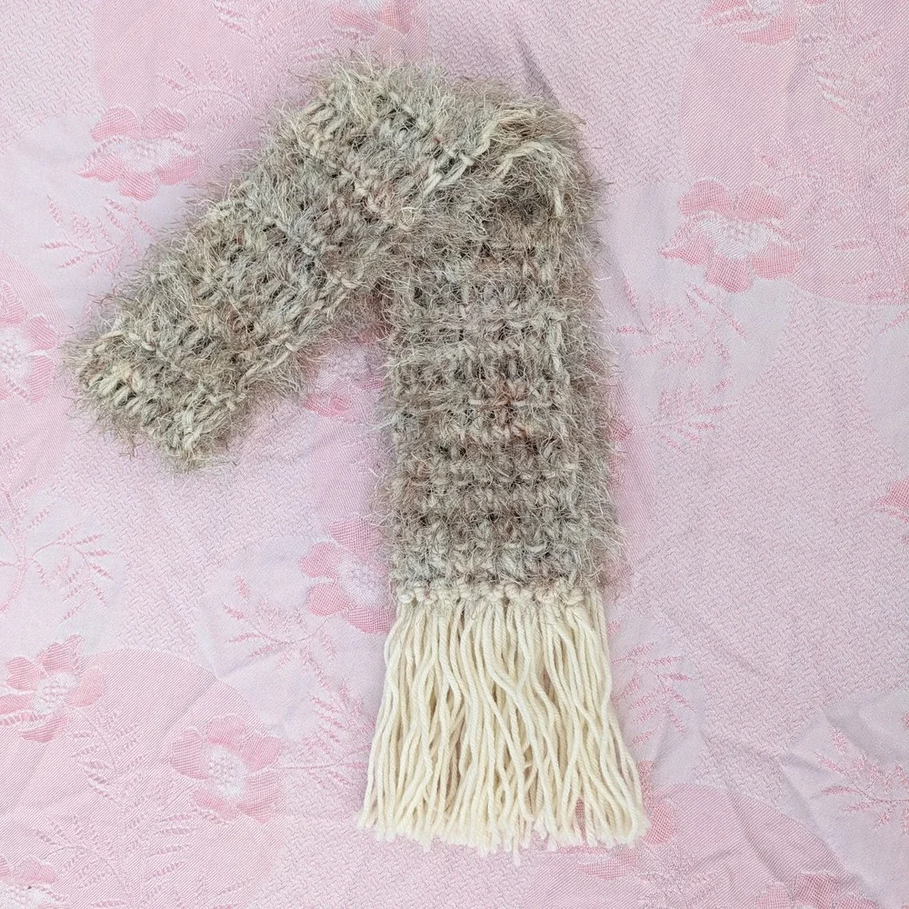 Cream Fringe Knit Scarf‎ Fuzzy Eyelash Open Weave Boho Fairycore 49x3.5